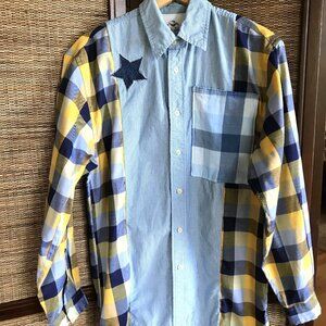 Mixed Plaid Button-Down Shirt: Upcycled Boho Top, Applique Stars, Funky Grunge